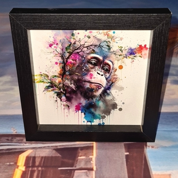 Monkey Portrait Watercolor Oil Painting Framed Print - Picture 2 of 7